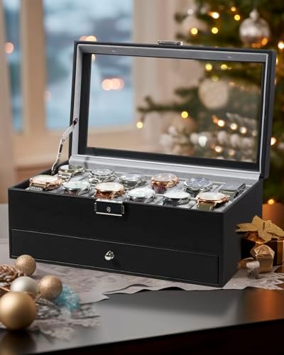 GUKA Watch Box 12 Slot Watch Display Organizer Leather Jewelry Case Drawer Glass Birthday for Men Women, Child Husband Dad GK-012BKGREY-LED-24 - Image 7