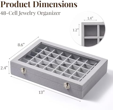 48 Grid Earring Organizer and Storage: Velvet Jewelry Tray with Lid, Jewelry Box for Studs, Earrings, Rings, Necklaces, Dresser & Vanity, Earrings Case Organizer for Girls, Women, 13"x8.6"x2.4", Grey - Image 3