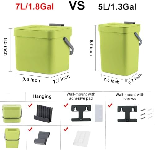 LALASTAR 1.8 Gallon Hanging Trash Can, Green, Plastic, Compost Bin Indoor Kitchen Sealed, Small Trash Can with Lid, Mountable - Image 6