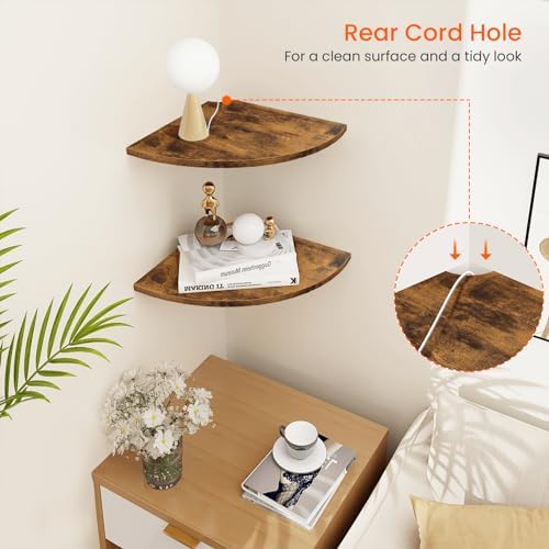 Homode Corner Shelf Wall Mount, 12 Inch Wood Floating Corner Shelves with Cord Hole, Set of 2 Large Corner Hanging Shelves for Bathroom Bedroom Kitchen, Rustic Brown - Image 4