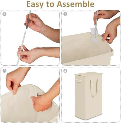 efluky Slim Laundry Basket with Lid, Narrow Laundry Hamper with Handles, Collapsible Dirty Clothes Hamper, Tall Laundry Bin for Laundry Room, Dorm and Bedroom, 55L Beige - Image 4