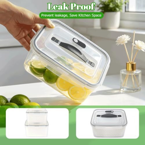KUK 4 Pack Fruit Storage Containers for Fridge, Leakproof Food Containers with Removable Colander, Fruit Containers for Fridge BPA Free Produce Containers Keep Vegetables Berry Meat Fresh Longer - Image 6