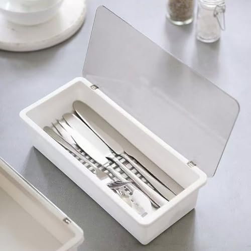 White Flatware Tray Kitchen Drawer Organizer With Lid And Drainer - Plastic Kitchen Cutlery Tray and Utensil Storage Container with Cover - 11.0 Inch Silverware Holder Drawer Organizer - Image 2