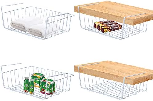 4 Pack Under Shelf Basket, Dveda Durable Metal Wire Rack Hanging Shelf Storage Basket, Under Cabinet Organizer Shelf for Kitchen/Pantry/Bathroom/Desk - Slide Arms Height:1.45 in(White) by Dveda