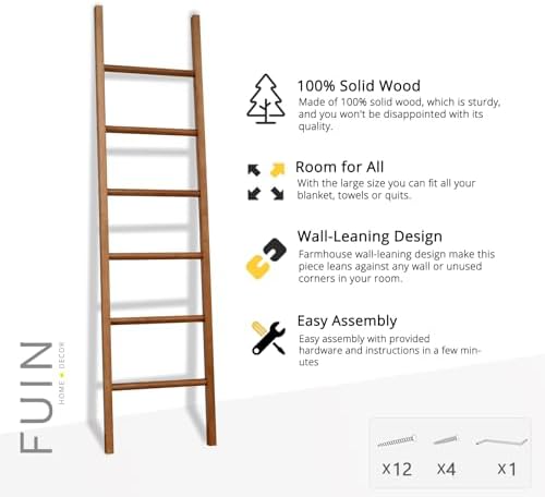 FUIN Blanket Ladder, 6ft Rustic Solid Wood Rectangle Decor Rack, Natural - Image 5