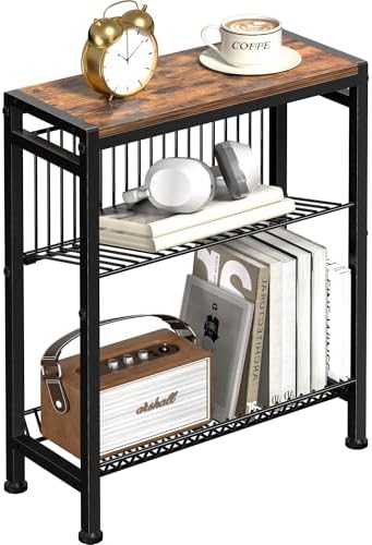 Narrow Side Table for Small Space, 3-Tier End Table with Magazine Holder,Slim Nightstand with Wire Shelf, Skinny Bedside Table in Living Room, Bedroom, Study, kitchen and Balcony (Rustic Brown) by HOME