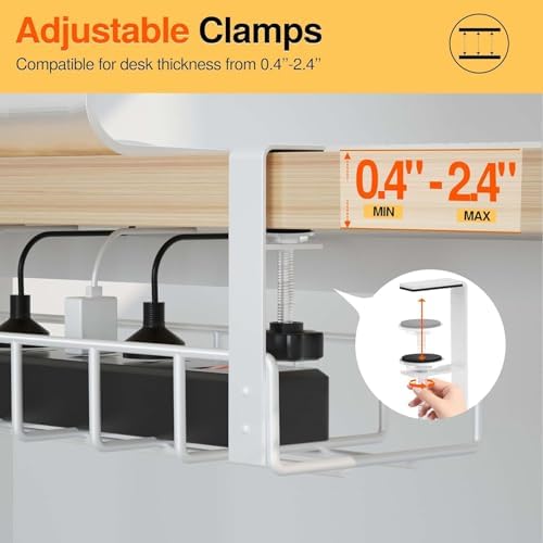 3 Pack Cable Management Under Desk Tray, 47.1" No Drill Under Desk Wire Management with Upgraded Clamp, Metal Cord Organizers with Cable Organizers, PC Cord Organization Rack, White - Image 6