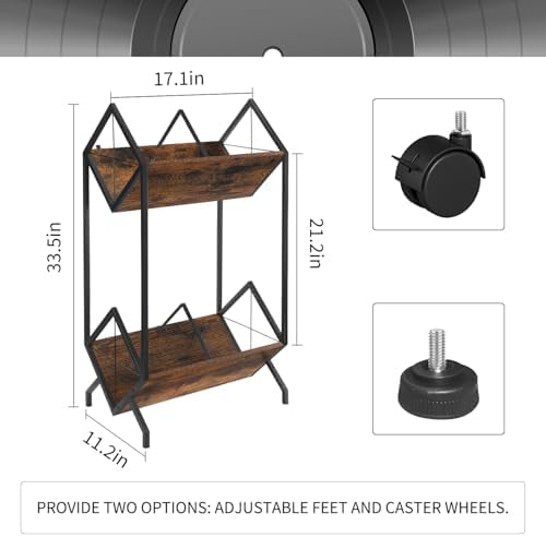 YINMIT Vinyl Record Holder, 160-200 LP Vinyl Record Storage Rack, Quick Assembly, Retro Style Organizer for Magazine, Book, Files, Albums (Retro Brown, 2 Tier) - Image 3