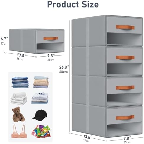 DIMJ Closet Organizers and Storage - Fabric Bins with Drawers for Closet Clothes Organizers with Clear Window, Stackable Storage Drawers Units for Bedroom, Living Room, 4 Pack, Grey - Image 3