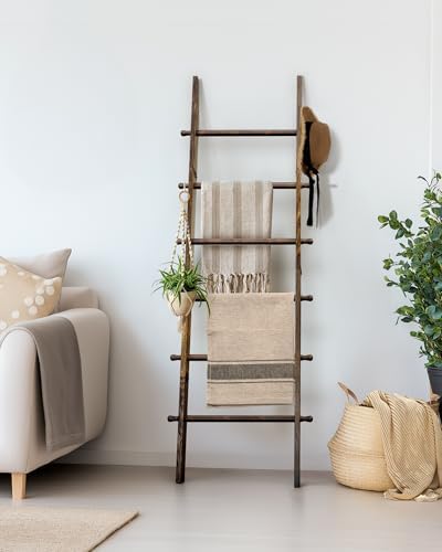 TEAKMAMA 6-Tier 5.4ft Blanket Ladder with Hanging Knobs Rustic Brown - Image 6