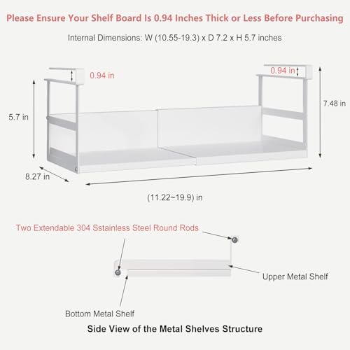 Expandable Under Cabinet Shelf Organizer with 0.94-Inch Thick Clips, Heavy Duty Extendable Under Shelf Storage Basket for Pantry or Laundry Room, White, 1 Pack, Interior: 5.7" H x 7.2" D - Image 3