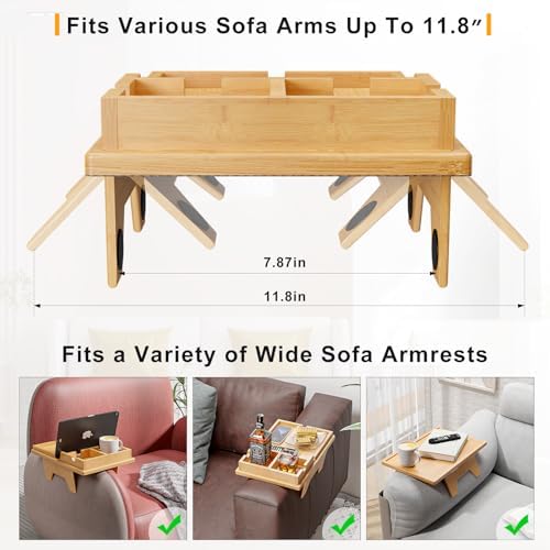 Bestjing 2 in 1 Bamboo Couch Cup Holder Tray with Double Holder Tray - Image 5