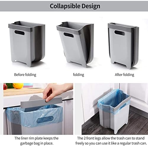 Hanging Collapsible Trash Can - 9L Wall Mounted Foldable Waste Bin for Kitchen Cabinet Door - Quickly Clean Counter, Sink, Bathroom - RV, Car, Camping Folding Garbage Basket (Gray) - Image 3