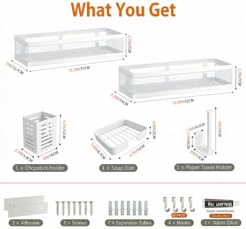 PUSDON 5-in-1 Wide Wall Mount Wrapped Mesh Kitchen Organizer & Shower Caddy Kit, with Paper Towel Holder, Utensil Holder, Soap Dish, Heavy Duty 50LBS - White, Netting - Image 3
