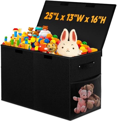 Large Toy Storage Box with Lid, Dividers, Collapsible Kids Toy Chest, Black by Rocamdo