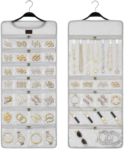 SMRITI Hanging Jewelry Organizer with Dual Zippered Pockets Canvas Double Sided Rotating Hanger Necklace Hanging Wall Organizer Earring Dustproof Holder Wall Mount Accessories Display Bag(Light Grey) by SMRITI