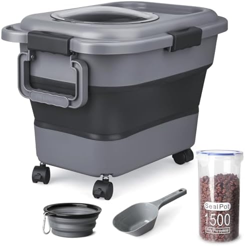 Dog Food Storage Container, 10-20 lbs Airtight Collapsible Cat Food Storage Container with Attachable Wheels, Portable Handle, Dog Food Scoop for Dog Cat Bird Pet Dry Food Storage Bin Dark Grey by TIOVERY