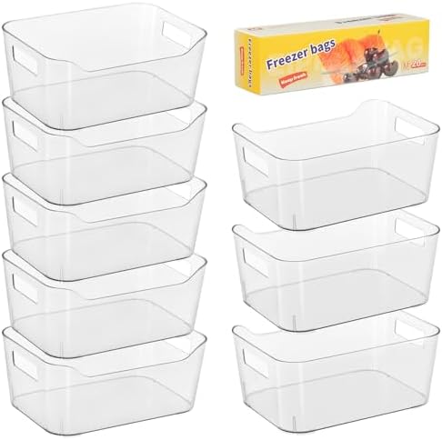 Heyuzb 8 Pack Plastic Organizer Bins and 20 Pcs Freezer Bags Multi-Use Pantry Organizers and Storage Clear Storage Bins for Organizing Kitchen, Fridge, Cabinet and Shelf by HEYUZB