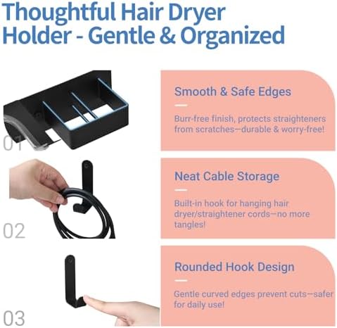 Hair Dryer Holder Wall Mounted, Hair Tool Organizer Wall Mount for Bathroom, Stainless Steel Hair Dryer Holder, Blow Dryer Holder Adhesive/Drilling Hair Dryer and Straightener Holder Black UEMUSI - Image 3