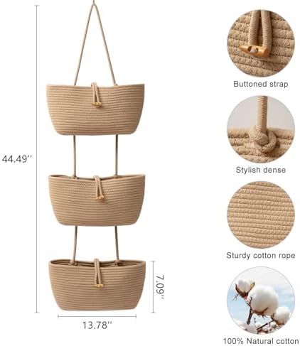 TeoKJ 3-Tier Cotton Rope Baskets with Button Strap Over the Door Wall Hanging Baskets for Nursery, Living Room, Bathroom, Door Storage Organizer for Decoration-Jute - Image 2