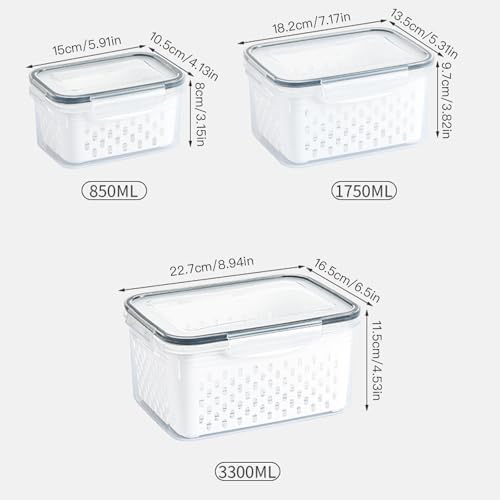 3 Pack Fruit Storage Containers for Fridge with Removable Colander – Airtight Produce Storage Containers with Lids, BPA-Free Berry Keeper for Vegetables, Lettuce & Meal Prep (29oz+59oz+112oz) - Image 6