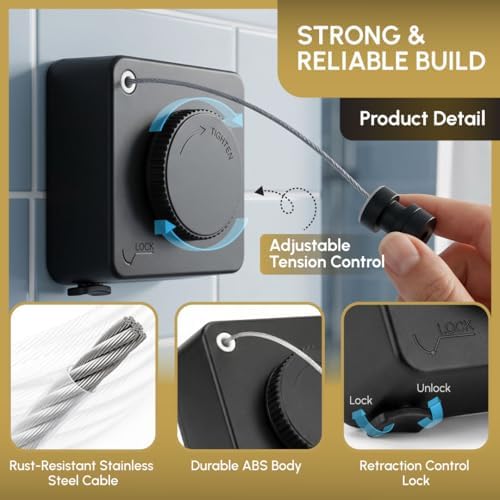 Retractable Clothesline, Stainless Steel Cable, 16.7 FT, Black - Image 3