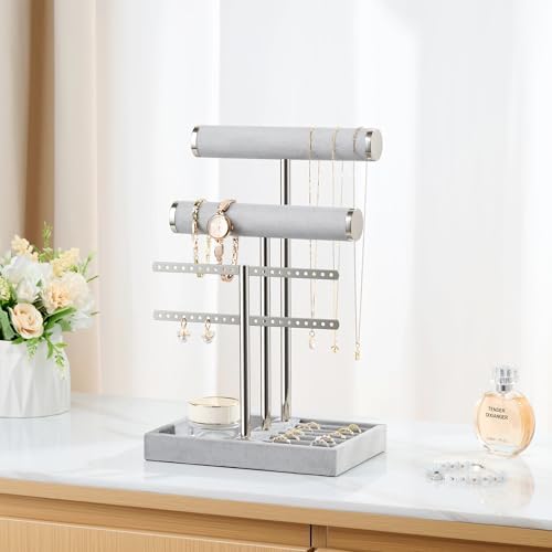Jewelry Organizer Stand for Necklaces, Bracelets, Earrings, Rings, Grey - Image 4
