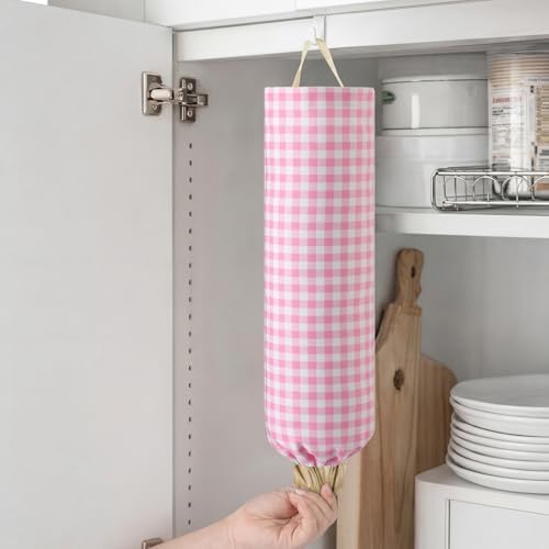 Gingham Plastic Bag Holder for Grocery Bag, Pink - Image 6