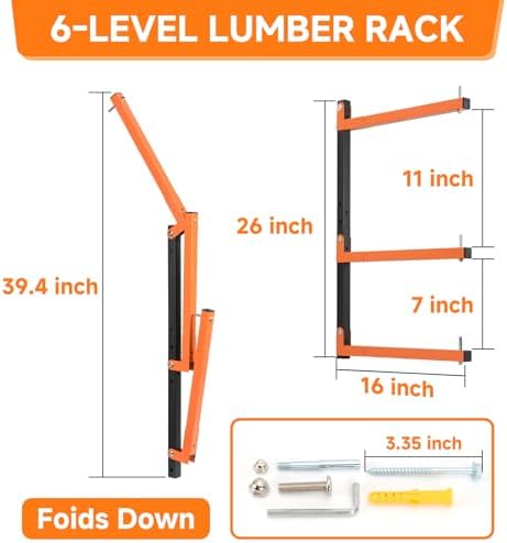 4 Pack Lumber Rack Wall Mount, Heavy Duty Wood Storage Racks, 6-Level System Organizer Shelving, 720 LBS Capacity Hanging Garage Shelves, Orange Brackets Utility Metal Shelf for Indoor and Outdoor - Image 2