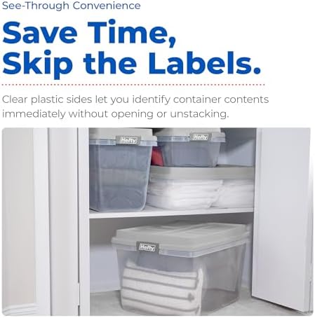 Hefty 18 Qt Hi-Rise Storage Bin with Lid, Stackable Plastic Storage Container, Organizer for Home, Garage & Closet, 8 Pack, Gray - Image 5