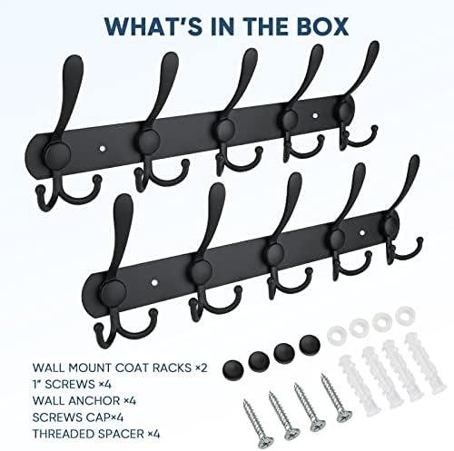 TICONN Wall Mounted Coat Rack, Five Heavy Duty Tri Hooks All Metal Construction for Jacket Coat Hat in Mudroom Entryway (Matte Black, 2-Pack) - Image 5