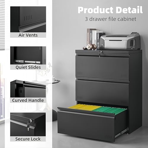 Approgreent Lateral 3 Drawer File Cabient with Lock, Metal Filing Cabinets for Home Office, Heavty Duty Office Storage Cabinet for A4/Letter/Legal (Matte Black) - Image 4