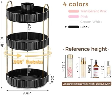 360° Rotating Makeup Organizer, Upgraded 3 Tier Skincare Perfume Organizers for Women, Bathroom Organizer Countertop, Clear Cosmetic Dresser Organizer with Makeup Brush Holder, Sink&Counter(Black) - Image 2