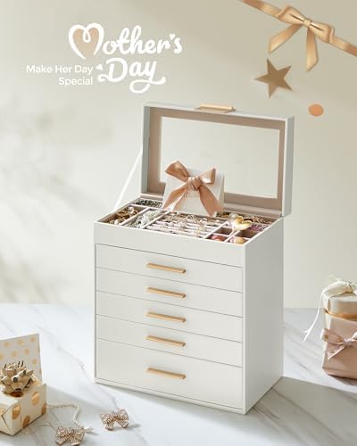 SONGMICS Jewelry Box Organizer, 6-Layer Storage with 5 Drawers, Glass Lid - Image 3