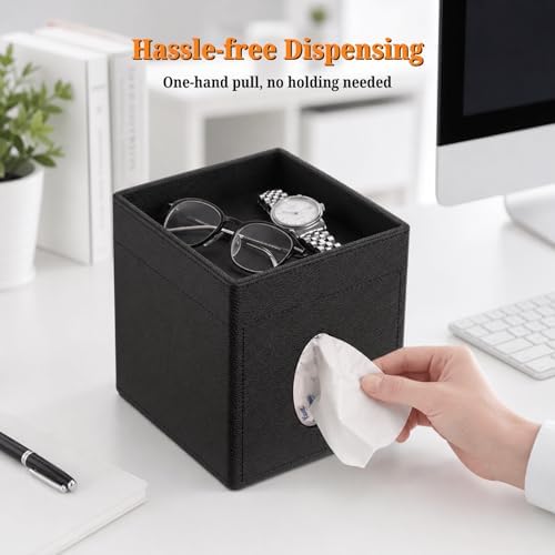 LAMOTI Leather Tissue Box Cover with Storage Tray, Square Facial Tissue Box Holder for Bathroom, Office Table, Countertop, Night Stand & More (Black) - Image 3