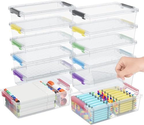 12 Pack Extra Large Pencil Box with Removable Divider, Thickened Pencil Case Bulk, Clear Crayon Marker Organizer Stackable Plastic Small Storage Containers for Pen Craft School Supplies, Multi by GEOPHIA