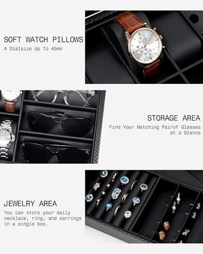 GUKA Watch box, 6 Slot Watch Case, 3 Slot Sunglass Organizer, Watch Cases for men with Real Glass Lid, Watch Organizer storage with Jewelry Case, Birthday for Men and Women, Black - Image 5