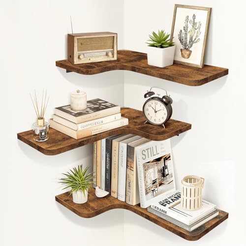 Homode Corner Floating Shelves, Corner Shelves Wall Mounted with Cord Hole, Set of 3 L Shape Wood Wall Storage Shelves for Living Room Bedroom Bathroom Kitchen, Rustic Brown by Homode