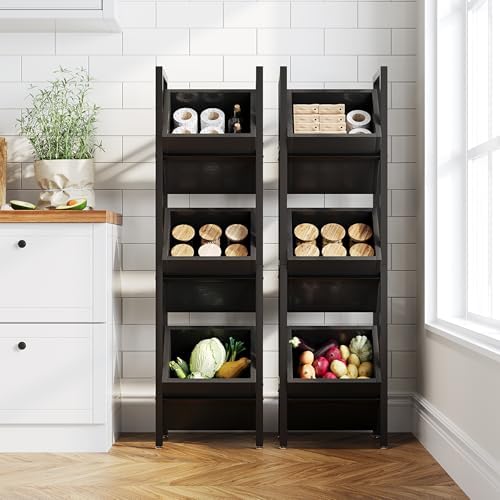 LITTLE TREE 3-Tier Basket Stand, Wooden Floor Stand Shelving Unit, Rustic Standing Organizer Storage Rack for Kitchen, Bathroom, Living Room (Black, 2) - Image 4
