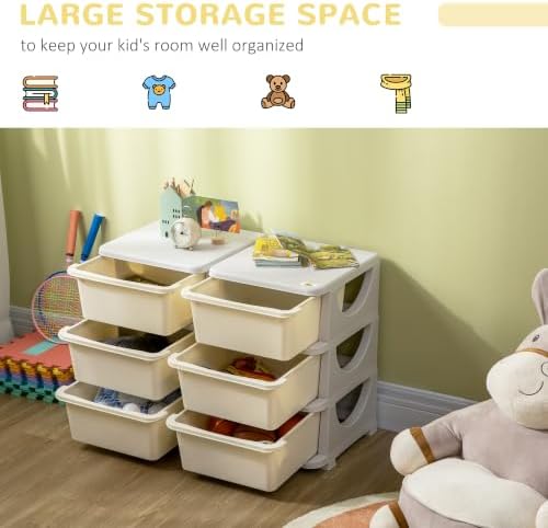 Qaba 6 Drawers Kids Storage Unit 3 Tier Toy Organizers Cream White - Image 4