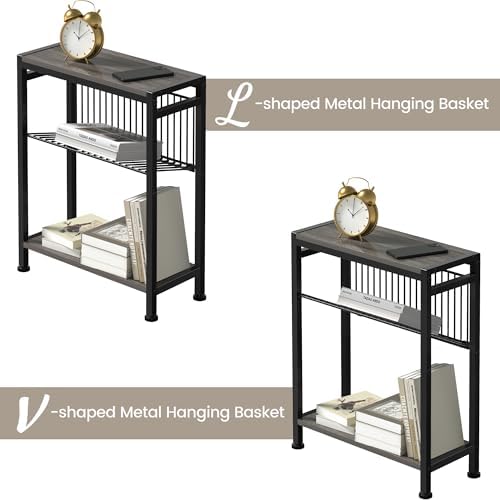 End Table for Small Space, 3-Tier Narrow Side Table with Magazine Holder,Slim Nightstand, Skinny Snack Couch Table in Living Room, Bedroom Study and Balcony (Grey) - Image 4