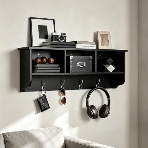 38.6inch Wall Mounted Entryway Coat Rack with Storage Shelf 4 Dual Hooks Wooden Storage Living Room Wall Cabinet with 3 Cubbies Space Saving Hanging Shelf for Hats Bags Coats (Espresso) - Image 4