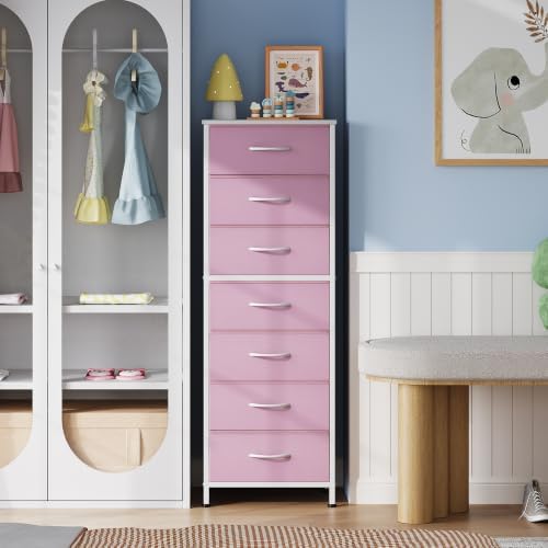 WLIVE Fabric Dresser for Bedroom, 7 Drawer Dressers Chest of Drawers, Pink - Image 4