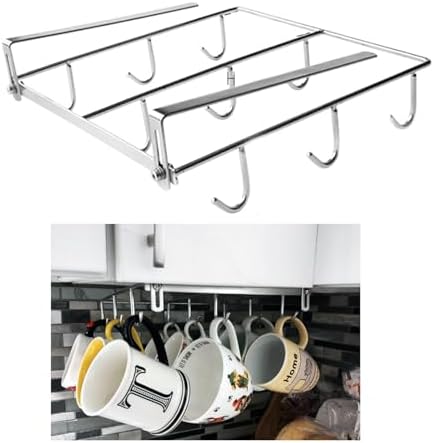 Mug Holder Under Cabinet for 1.18"- 1.96" Thickness Cabinet Base, 9 Hooks Cup Organizer Hanging Coffee Mug Rack Tea Cup and Utensil Hooks Drilling Free Mug Hanger Under Shelf by Heiboa