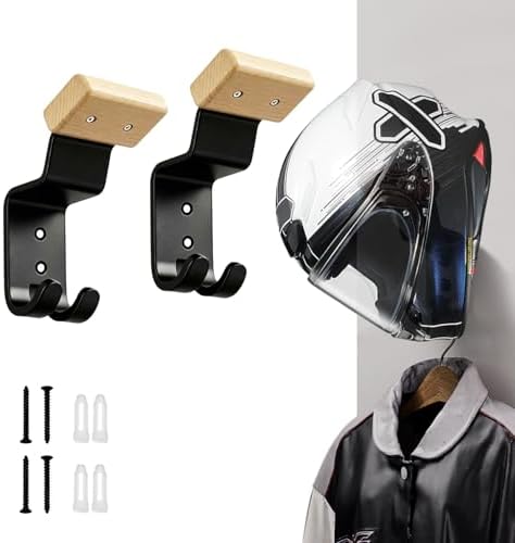Motorcycle Helmet Holder Wall Mount - Heavy Duty Helmet Hanger Rack with 2 Key Hooks, Solid Wood & Strong Steel Design for Bike, Football, Skiing Sports Gear, Jackets & Hats (Yellow*2) by Unknown