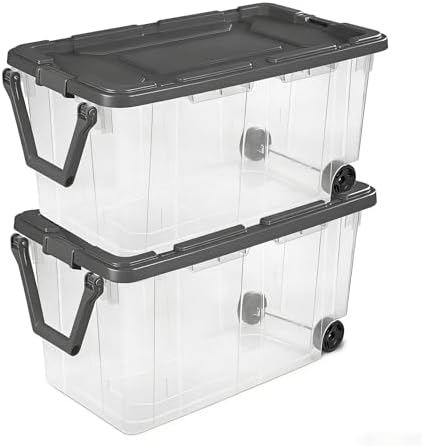 160 Quart Wheeled Stacker, Extra Large Durable Clear Bin, Latch Lid and Pull Handle, Gray, 2 Count by Unknown