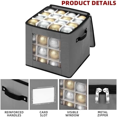 inin Christmas Ornament Storage Box with Adjustable Dividers,Christmas Ornaments Organizer with Zippered Top,Storage Container Bin for Holiday Decorations(64 Ball, Gray, Without Tray) - Image 6