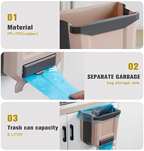 Hanging Kitchen Trash Can, Foldable Waste Bin for Kitchen, Collapsible Hang Small Plastic Garbage Can 2.4 Gallon for Cabinet/Car/Bedroom/Bathroom (Brown) - Image 3