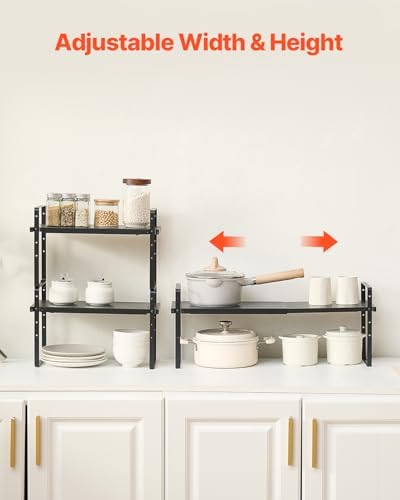 VEVOR Adjustable Kitchen Cabinet Shelf Organizer, Expandable 2 Tier Cabinet Shelf, Stackable Countertop Organizers and Storage Risers, Pantry for Kitchen Bathroom Office, Black - Image 3