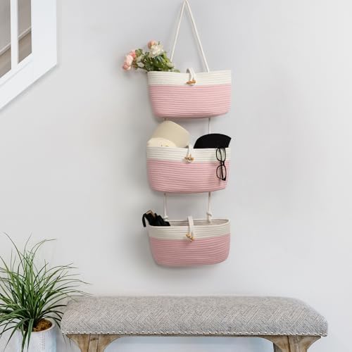 TeoKJ Over The Door Hanging Baskets with Button Strap, 3-Tier Woven Cotton Storage Organizer Bag, Wall-Mounted with Hook Decorative Hanging Nursery Baskets - Pink+White - Image 6